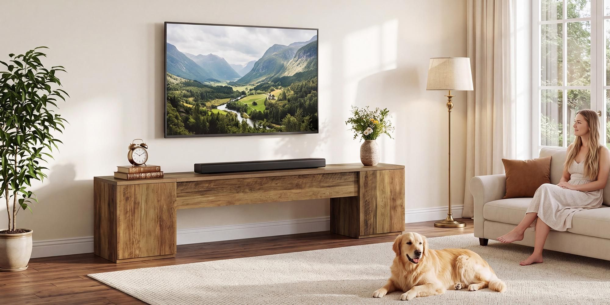 Stojak telewizyjny o wysokości 220 cm z dwoma szafkami, kolor brązowy. Niska konsola pod telewizor w stylu rustykalnym, z drzwiczkami. Mebel pod telewizor wykonany z drewna