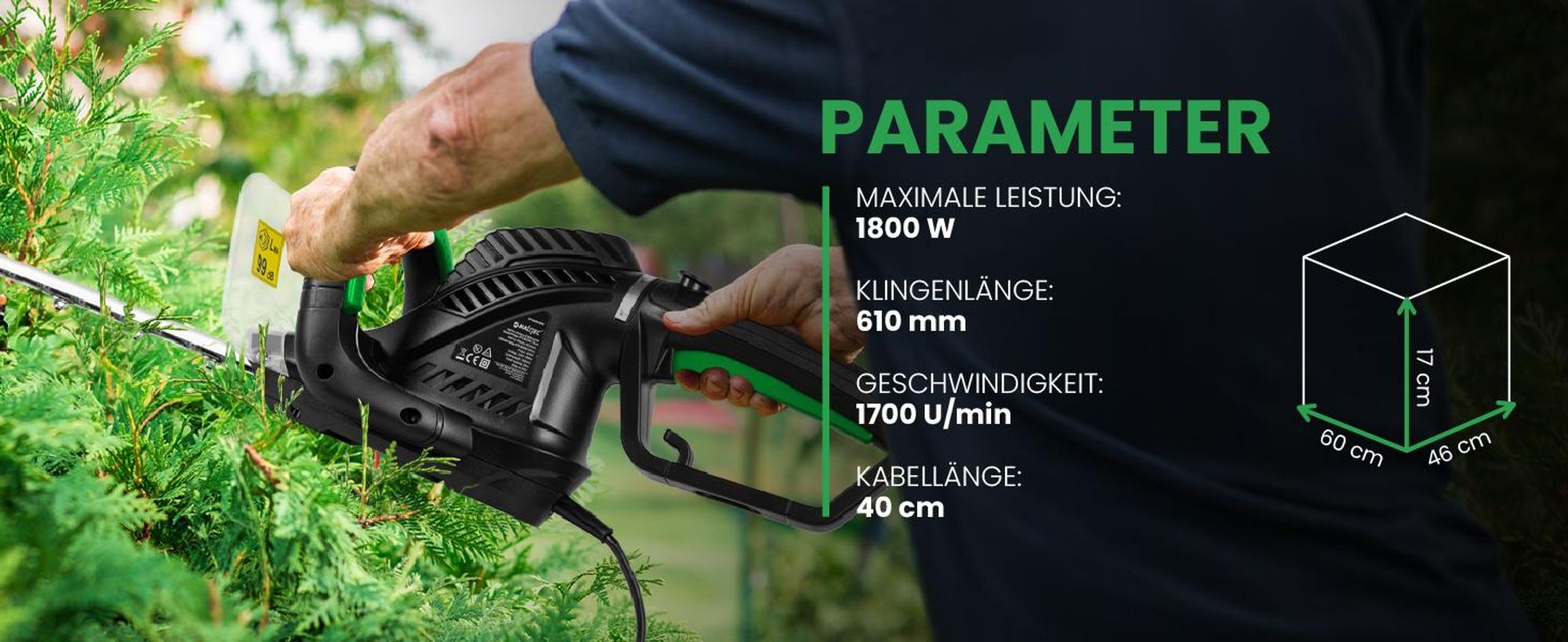 Elektrische Heckenschere 1800W 61cm Schnittlänge Handschutz Schwertschutz Schutzbrille