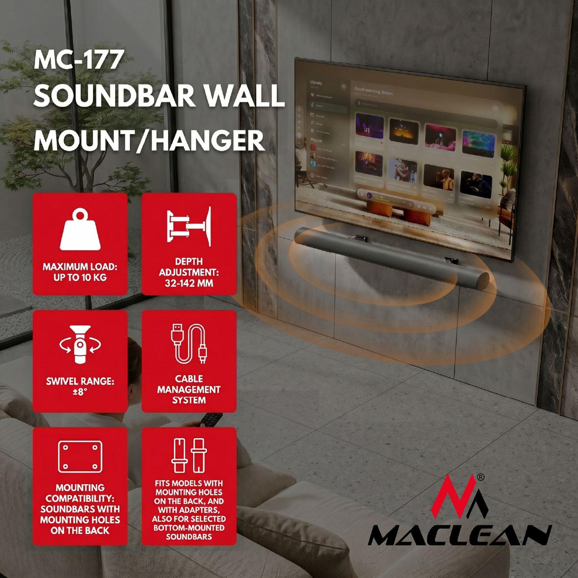 Wandhalterung für Maclean-Soundbar Neigungsverstellung +8° bis -8° max. Belastbarkeit 10 kg aus Stahl MC-177