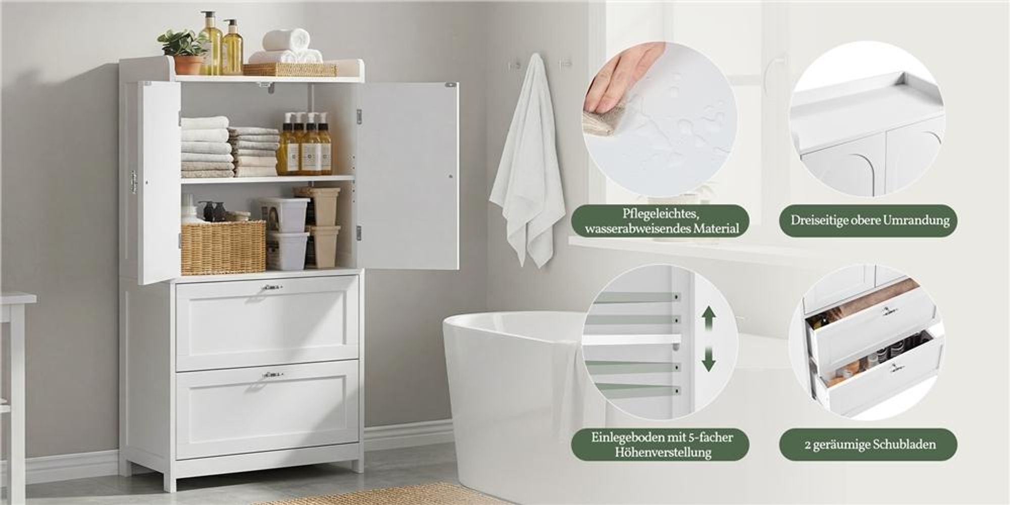 Yaheetech Badschrank Badezimmerschrank mit 2 Türen & 2 Schubladen, erhöhte Kante, verstellbare Ablage, Küchenschrank 60 x 30 x 115 cm, Weiß