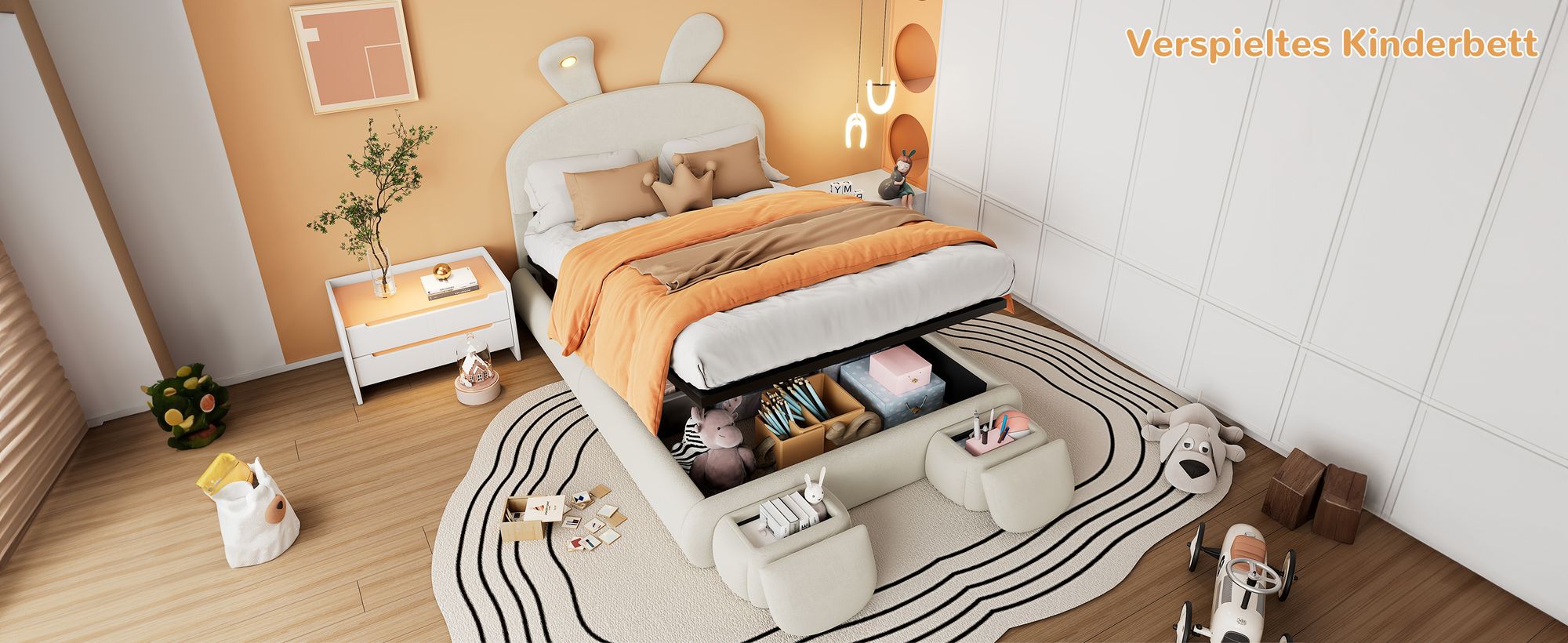 MODFU Kinderbett Polsterbett 140×200 cm mit warmfarbene LED-Licht, Jugendbett Doppelbett mit Kopfteil in Hasenohrenform und zwei Aufbewahrungshockern, Samt(Ohne Matratze), Boxspringbett Hydraulisches mit Bettkasten Stauraum, Samt Beige
