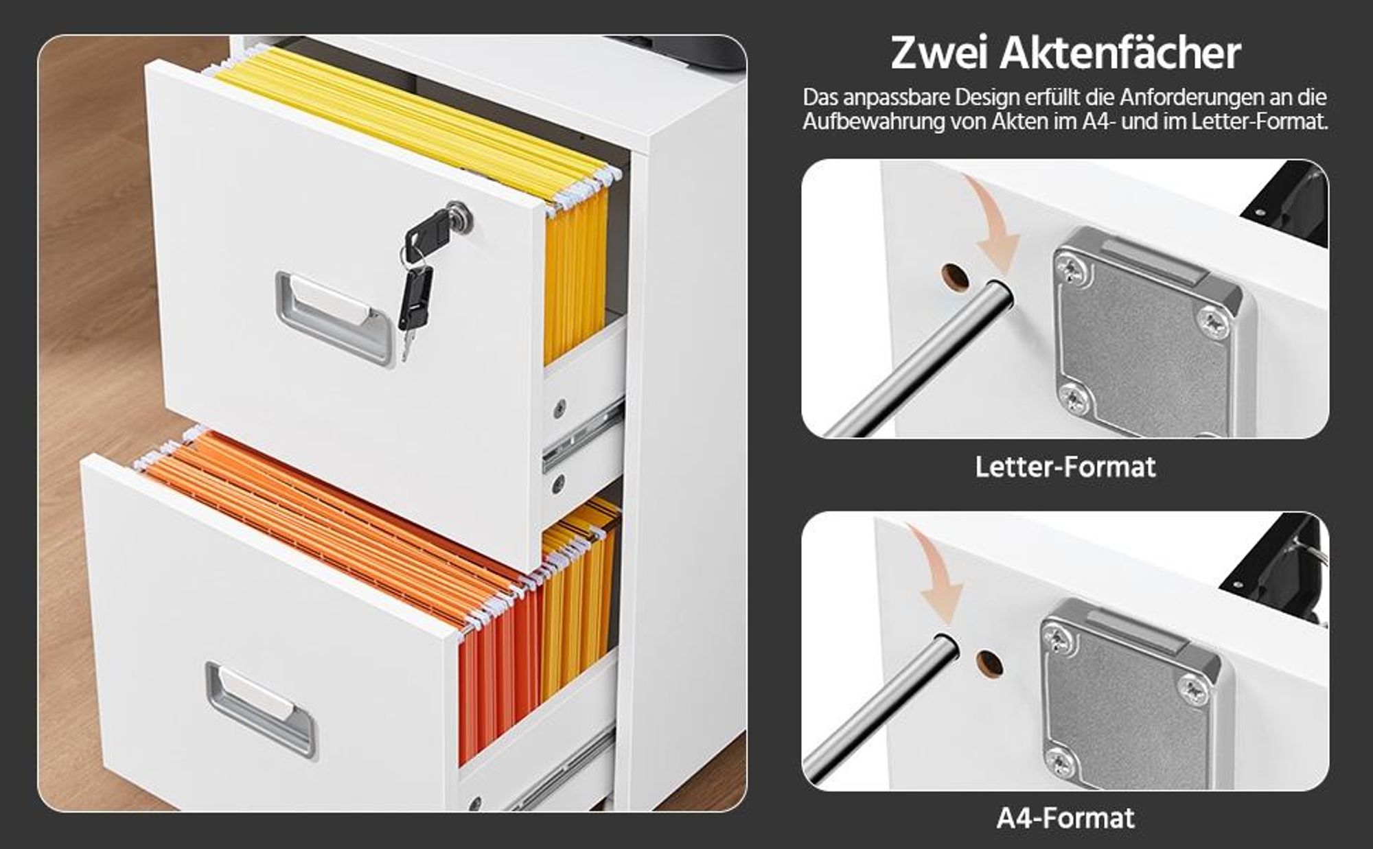 Yaheetech Rollcontainer Aktenschrank abschließbare Büroschrank mit Hängeregistratur und 2 Schubladen für Arbeitszimmer/Büro/Wohnzimmer
