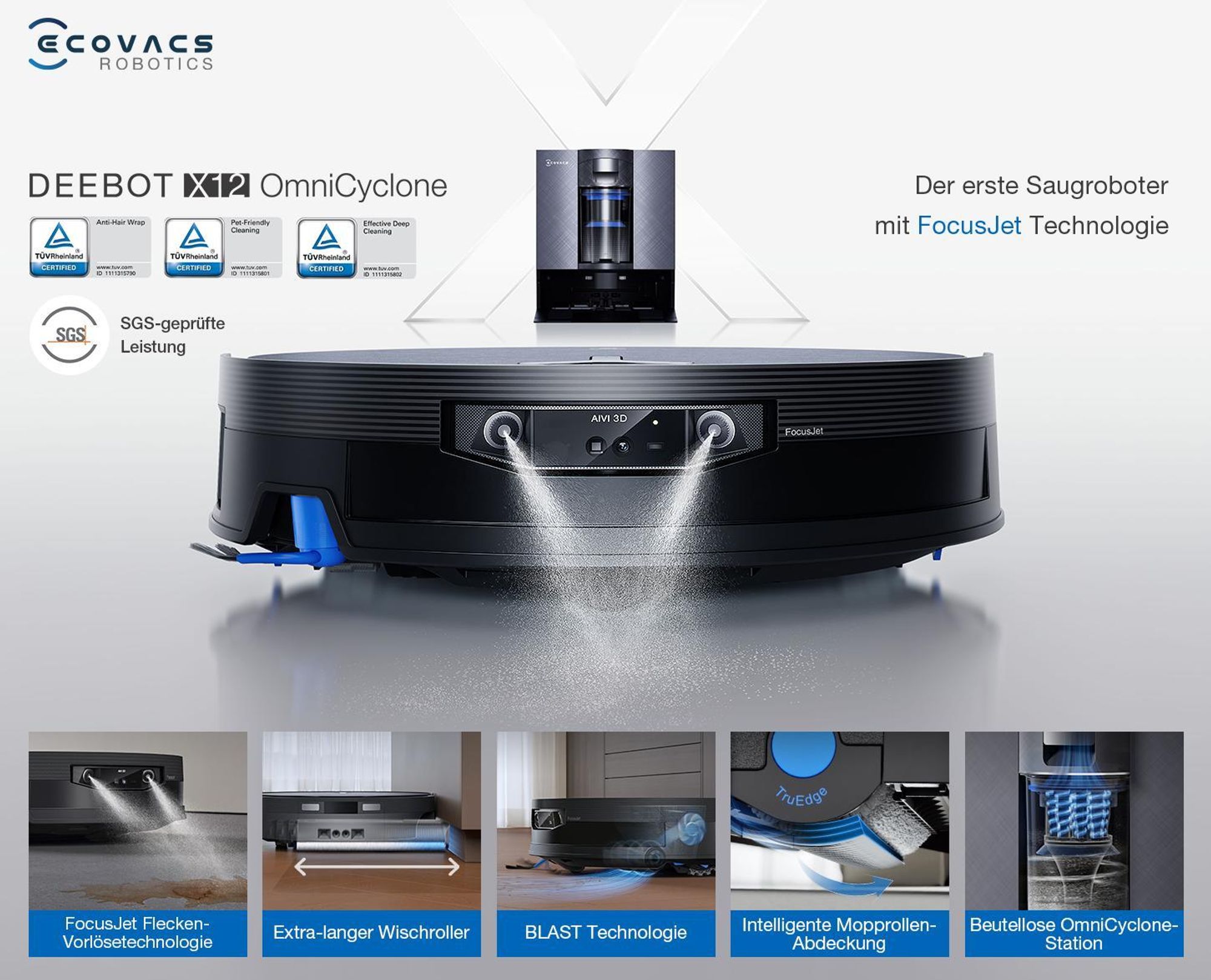 ECOVACS DEEBOT X12 OMNICYCLONE Staubsauger Roboter mit 2pcs Free Originale Reinigungslösung, Blast & 22.000 Pa, PureCyclone 2.0 Auto-Entleerung