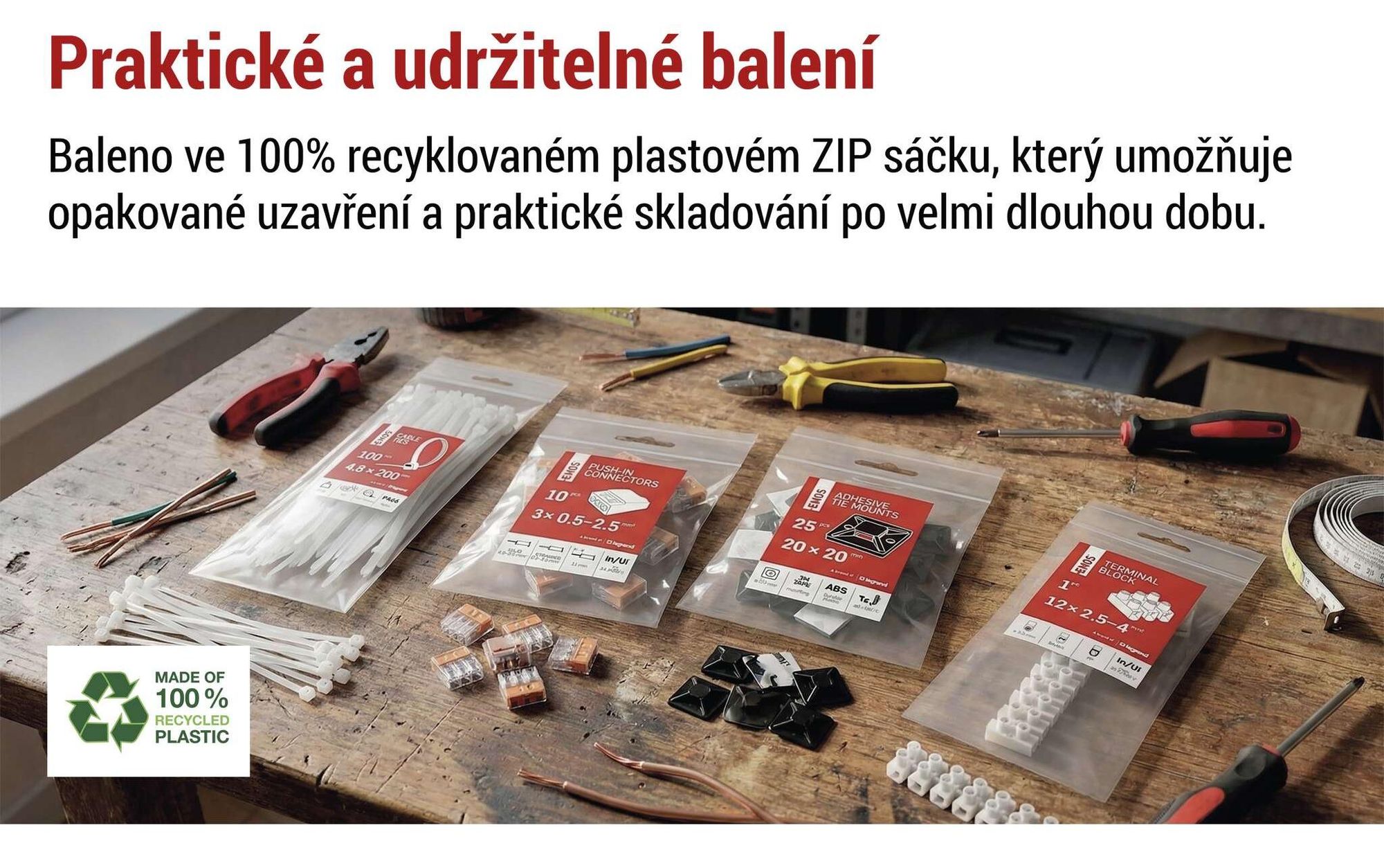 EMOS 100 ks nylonových stahovacích pásek PA66 pro vnitřní použití, 150 x 3,5 mm, pro svazky kabelů o max. Ø 3,5 cm, samozamykací, bílé, A2844