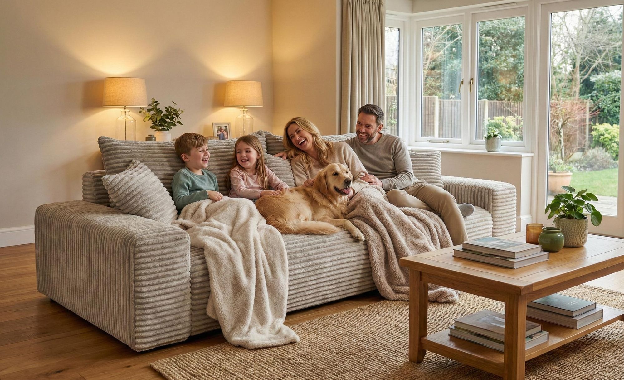 Glückliche Familie mit zwei Kindern und Golden Retriever auf CORDO Sofa im hellen Wohnzimmer