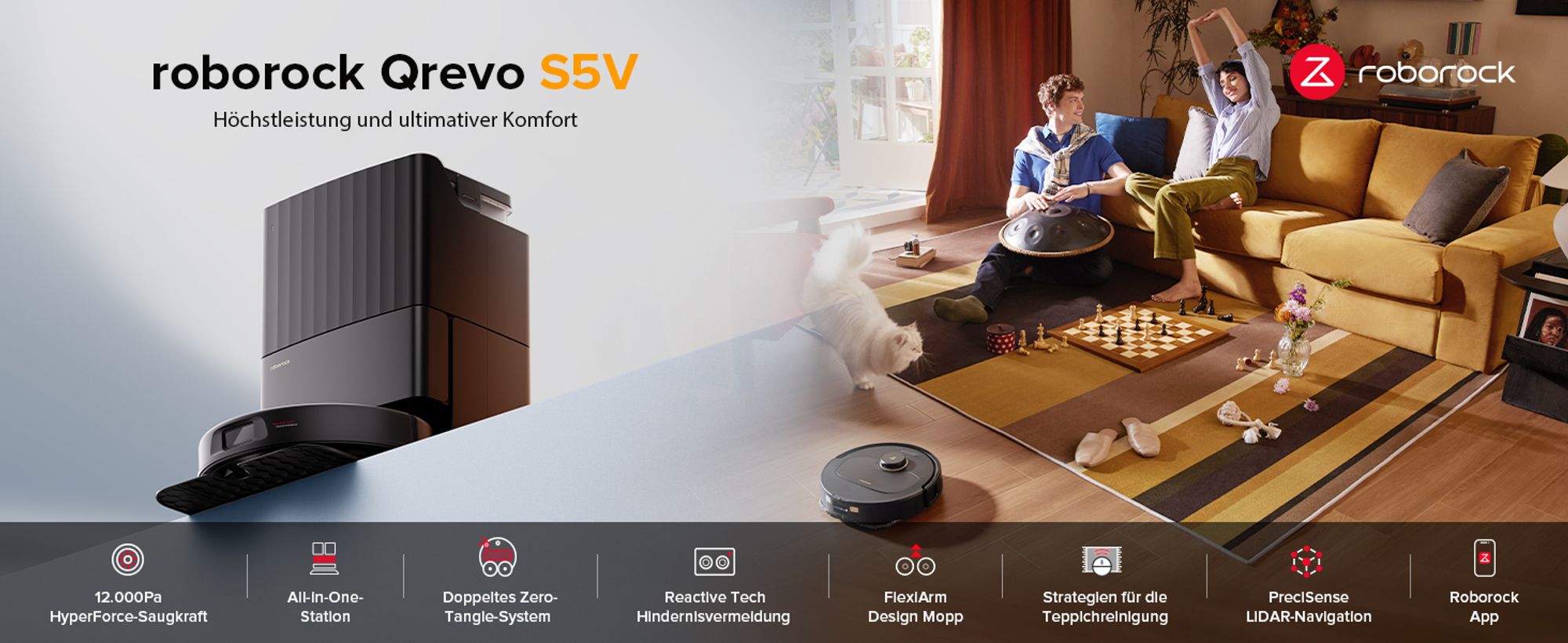 Roborock Qrevo S5V Saugroboter mit Wischfunktion, 12.000Pa, Zero-Tangle System, Warmlufttrocknung, Multifunktions-Dockingstation (Schwarz)