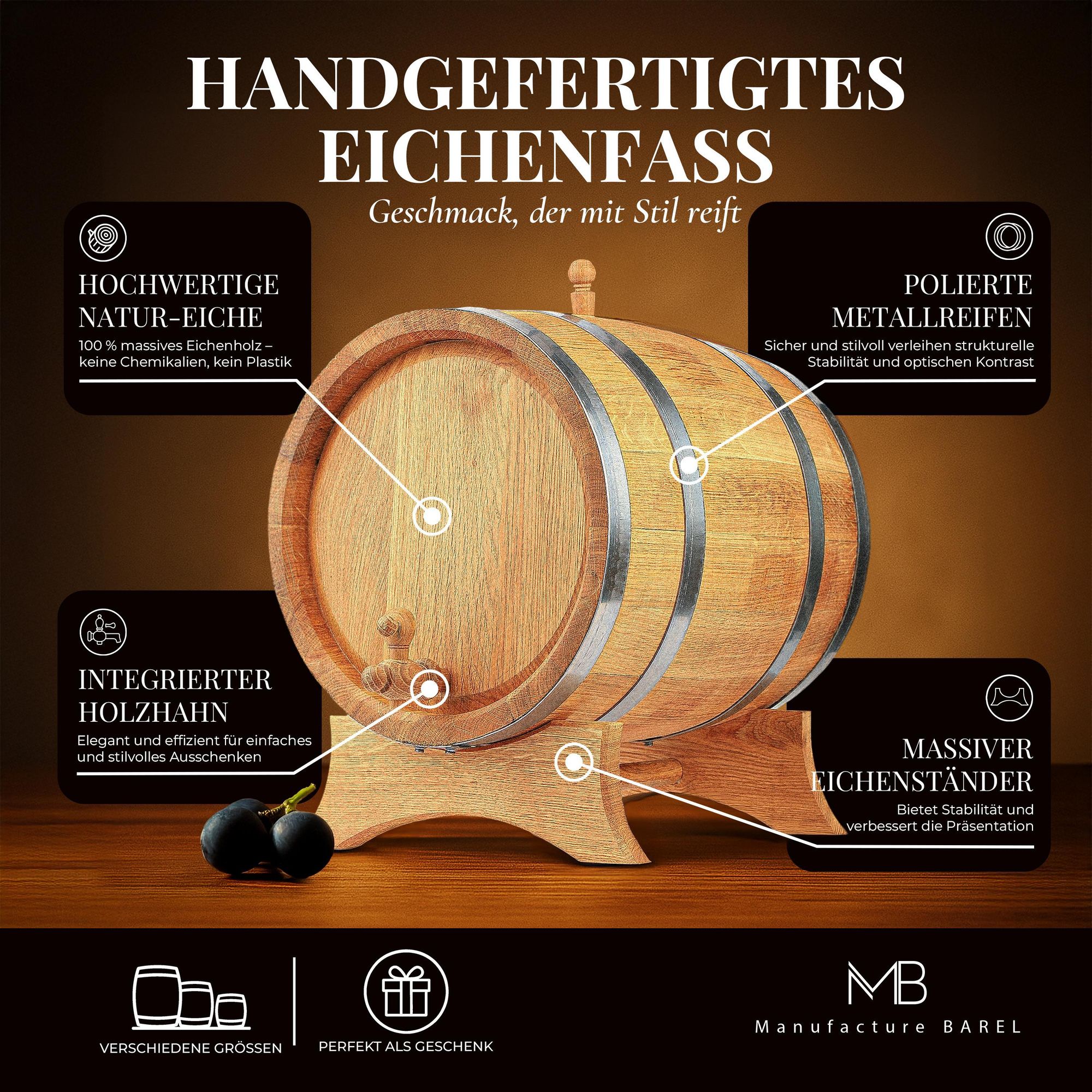 Eichenfass 50L aus Naturholz – Whiskyfass, Weinfass, Holz Fass Deko – Eiche hellbraun, mit Ständer und Zapfhahn – Geschenk für Bar & Zuhause