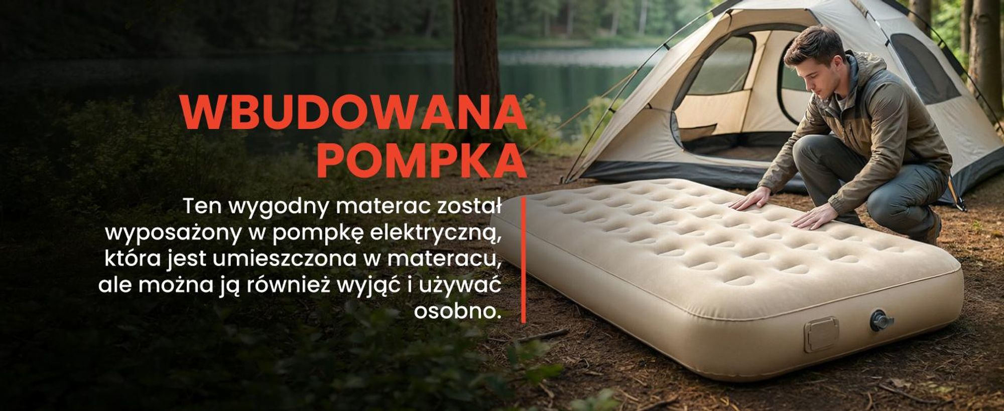 Materac dmuchany z wbudowaną pompką w kolorze beżowym
