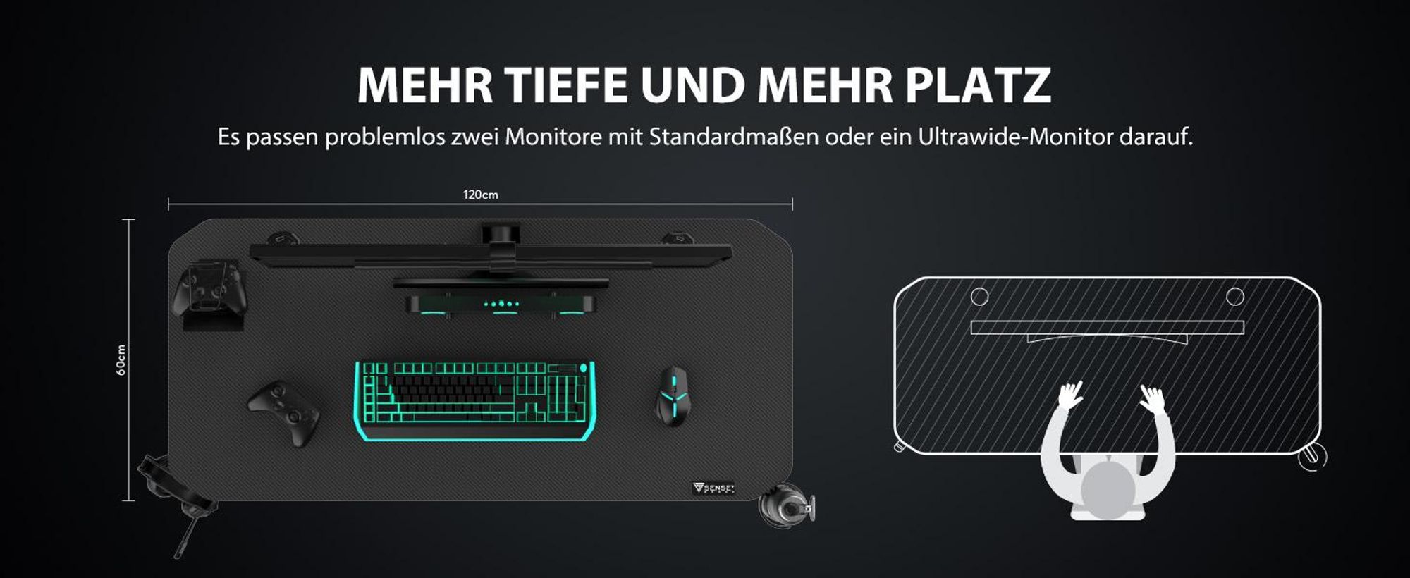 SENSE7 Nomad Basic Gaming Tisch Schreibtisch 120x60 cm Computertisch PC Tisch Gamer Desk Zocker Tisch Carbon-Optik Kopfhörerhalter Kabelmanagement