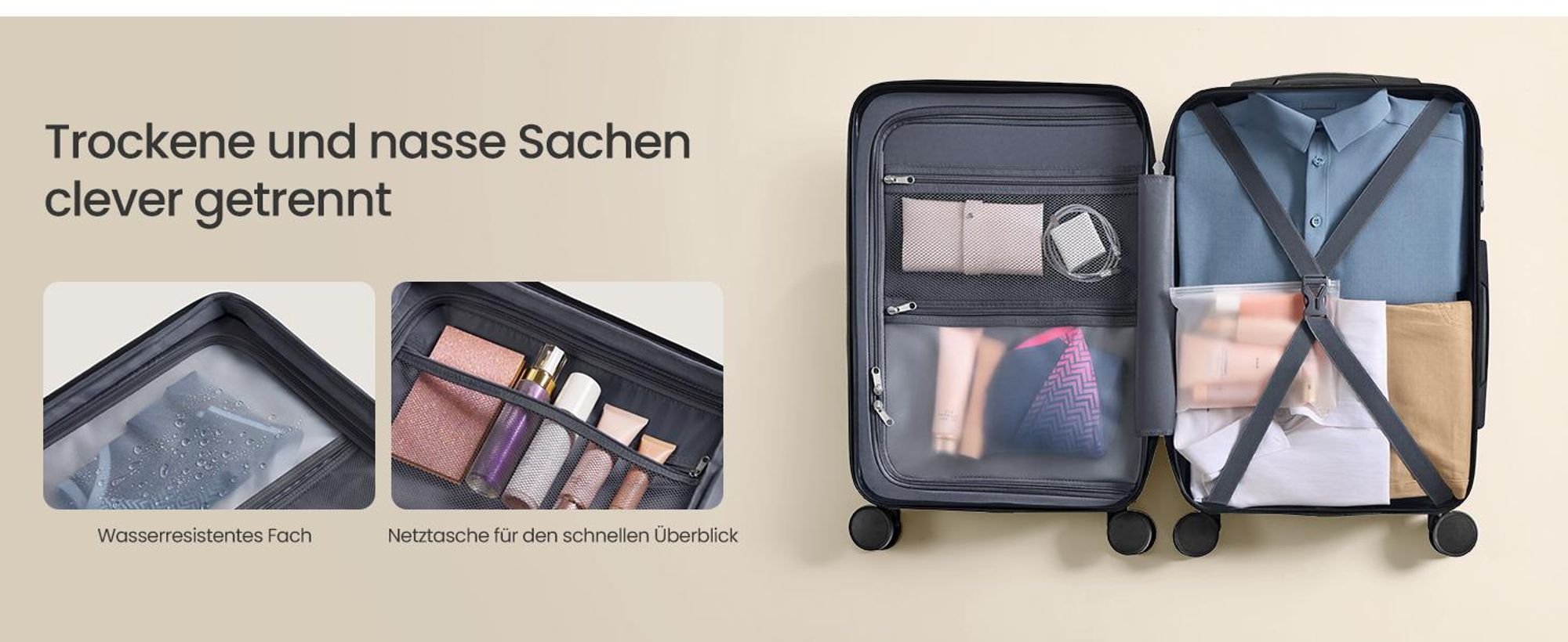 SONGMICS Koffer, Hartschalenkoffer mit TSA-Schloss und Koffergurt, Handgepäck, M, 55 cm, für Urlaub, 4 Rollen, schwarz
