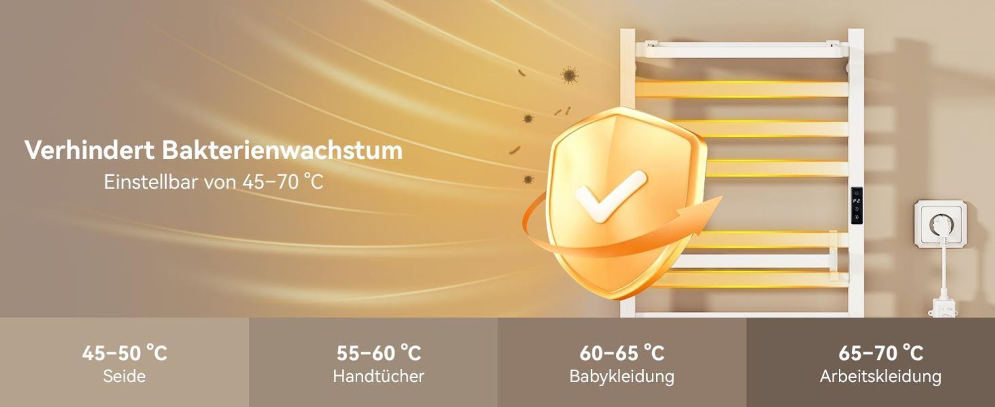 Puluomis Heizkörper Elektrischer Handtuchwärmer mit LED-Touchdisplay, 45-70°C einstellbar, Timer, 90° drehbares Ablagefach, RCCB Schutz weiß