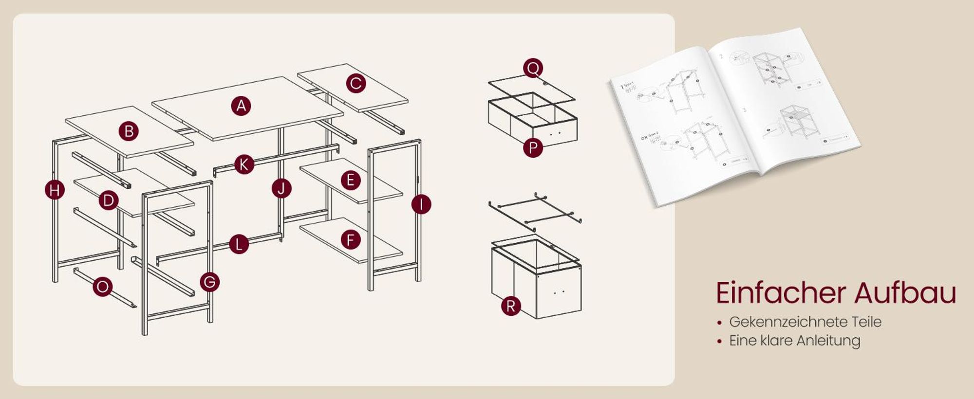 VASAGLE Computertisch, Bürotisch, Schreibtisch, mit 3 Ablagen, 2 Schubladen
