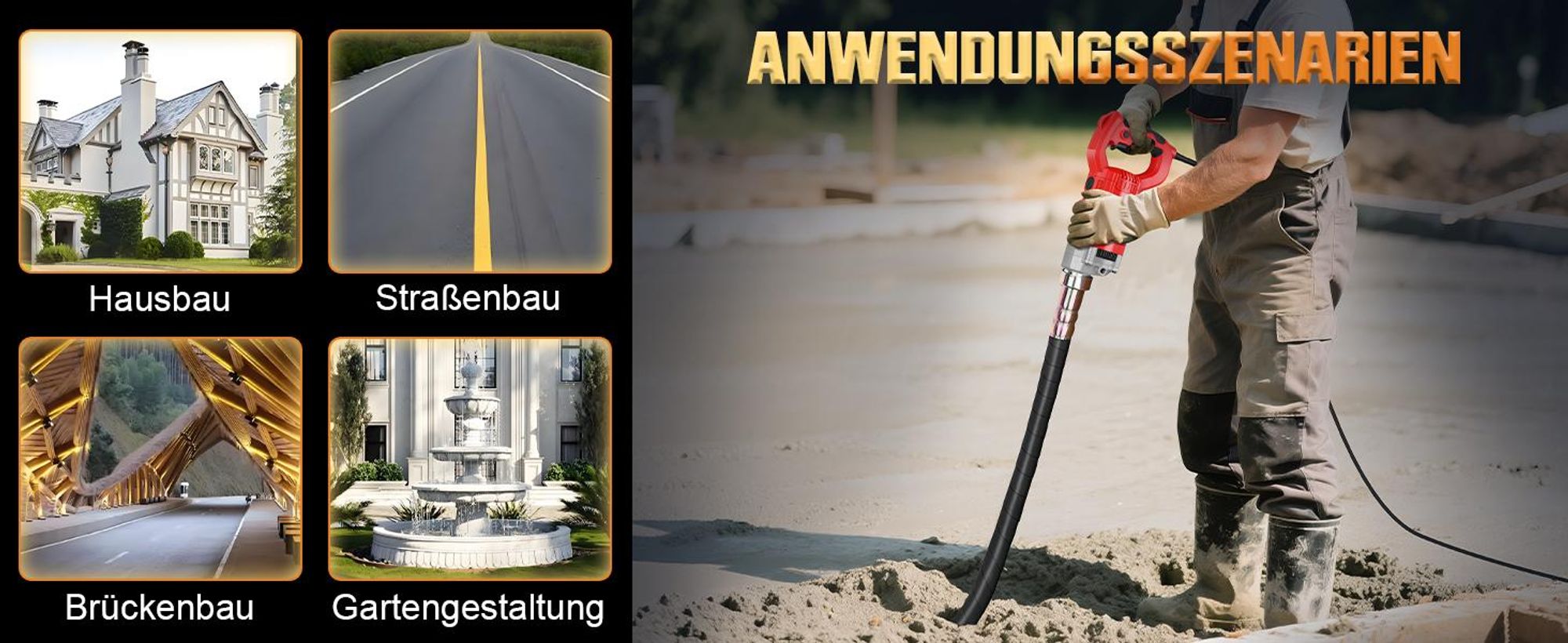 Betonrüttler 2100W mit 2m SCHLAUCHLÄNGE, Elektro Betonverdichter, 38 mm Betonrüttler Flaschenrüttler, Rührwellendrehzahl 6800 U/min