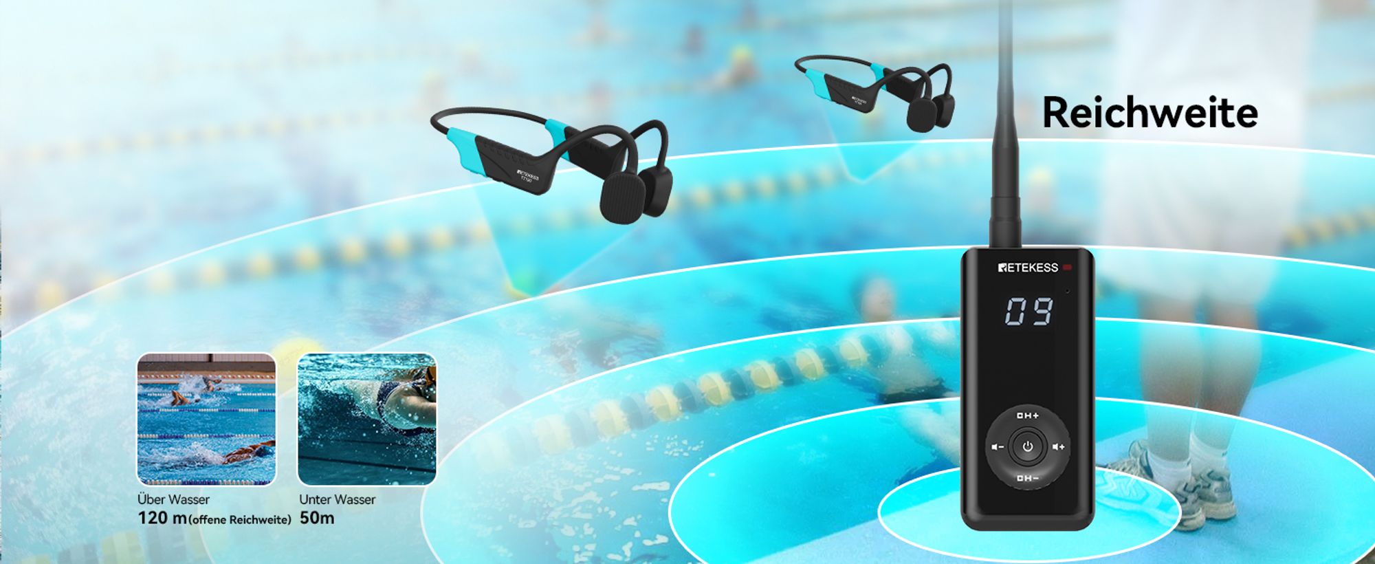 Retekess TT120 Schwimmtrainer-Kommunikator, IP68 Wasserdichte Schwimmkopfhörer, Knochenleitung, 120 m,  für Schwimmtraining (1 Sender, 10Empfänger)