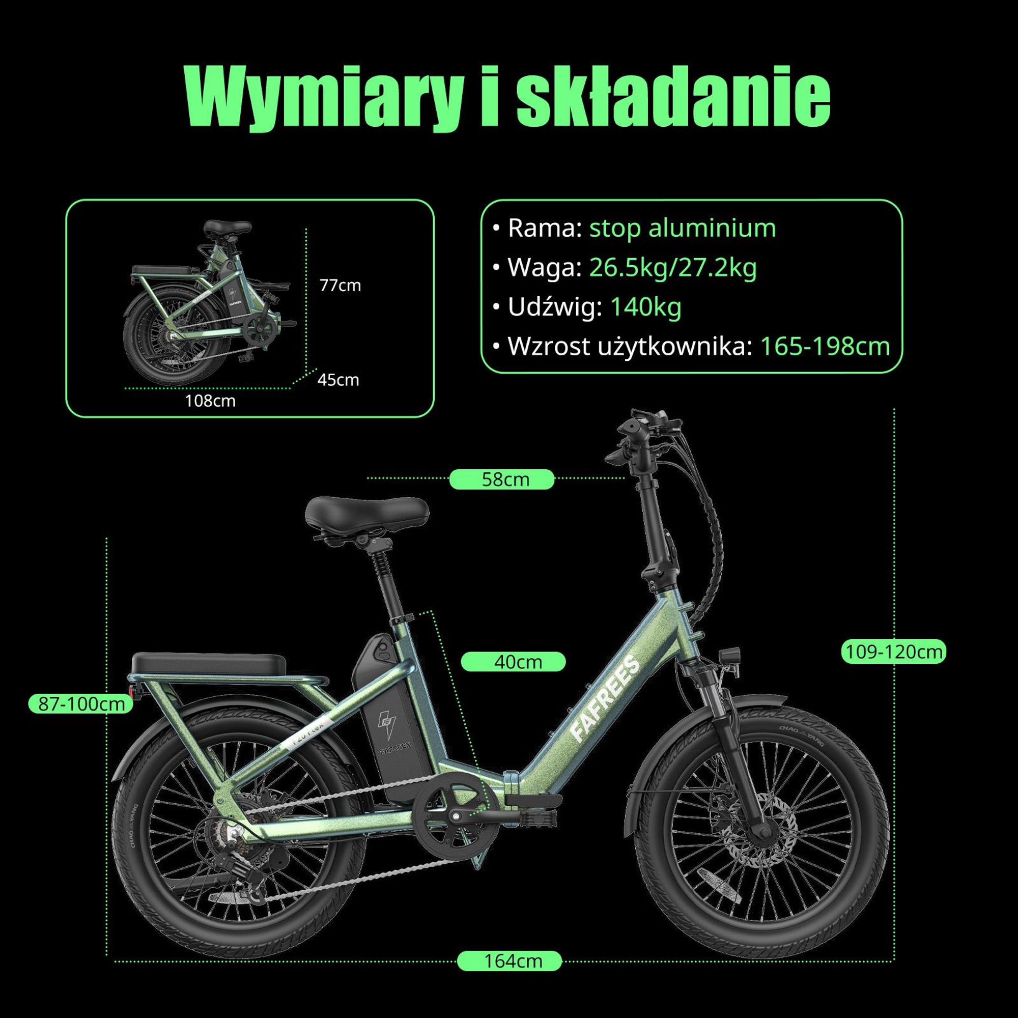 Rower elektryczny FAFREES F20 Flex – silnik 250 W, akumulator 36 V 20 Ah, zasięg 75–100 km, mechaniczne hamulce tarczowe – Kolor Czarny Metaliczny