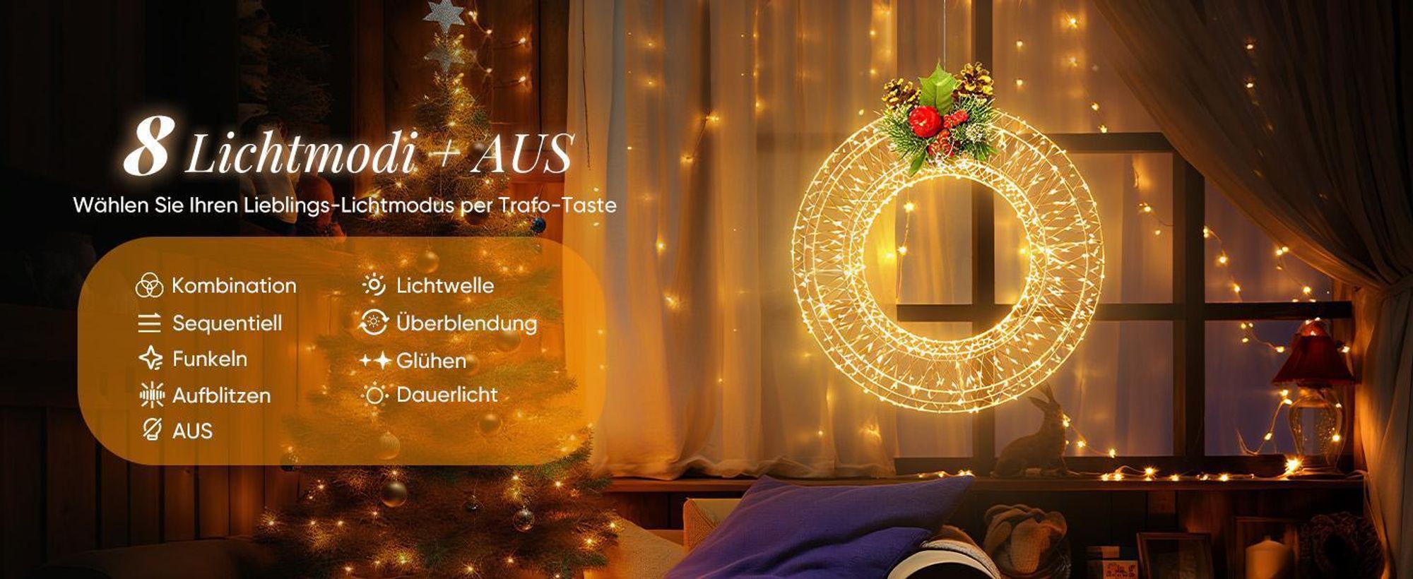 LED-Lichterkette LED Weihnachtskranz Ø45cm 720LEDs Hängekranz Weihnachtsdeko Fenster Lichterkranz Metall Türkranz Timer & Memory Innen/Außen Warmweiß