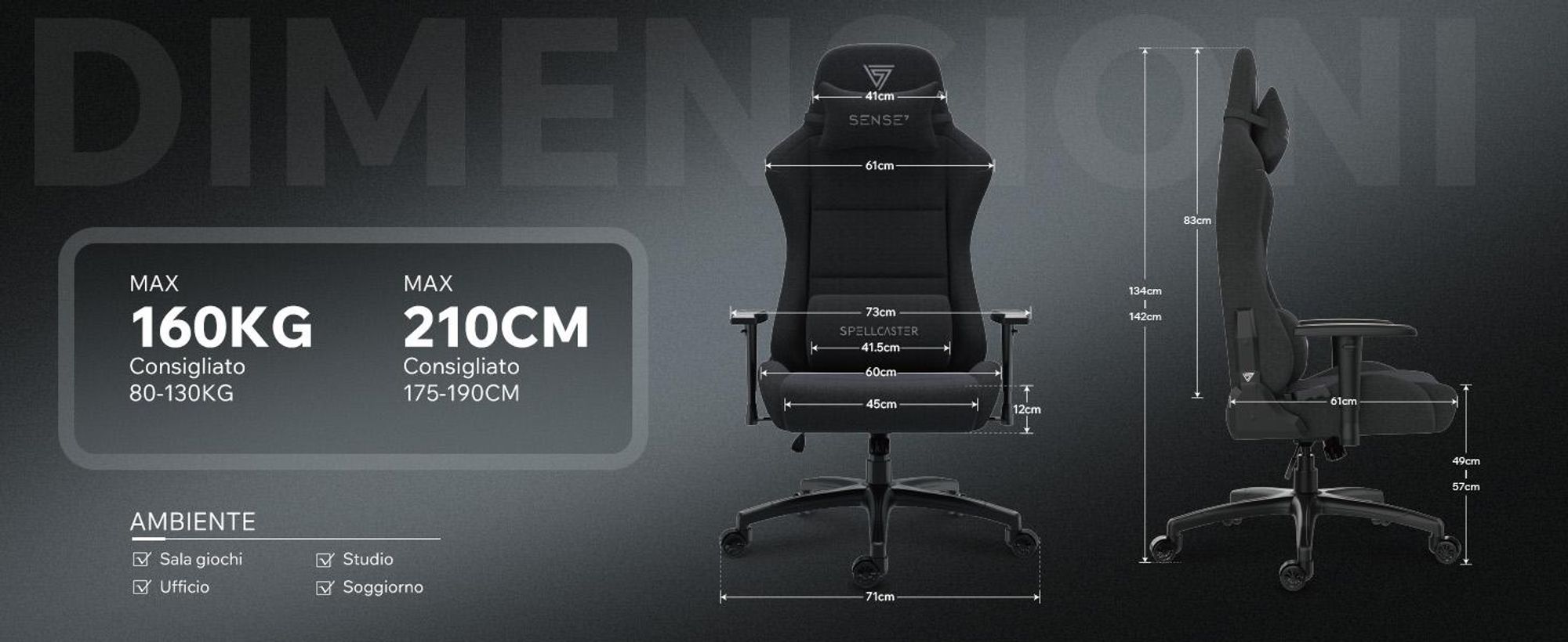 Sense7 Spellcaster FUKU XL: sedia da gaming, poltrona da gaming, sedia da ufficio, sedia da scrivania ergonomica, sedia girevole con poggiatesta fino a 160 kg, sedia nera