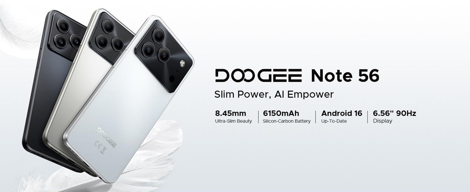 DOOGEE Note 56, chytrý telefon, Android 16, 6,56" displej s obnovovací frekvencí 90 Hz, rozlišení HD+, baterie 6150 mAh, 24 GB RAM + 64 GB interní paměti, podpora 4G, dual SIM, 8MP fotoaparát, rozpoznávání obličeje, podpora OTG, bez smlouvy