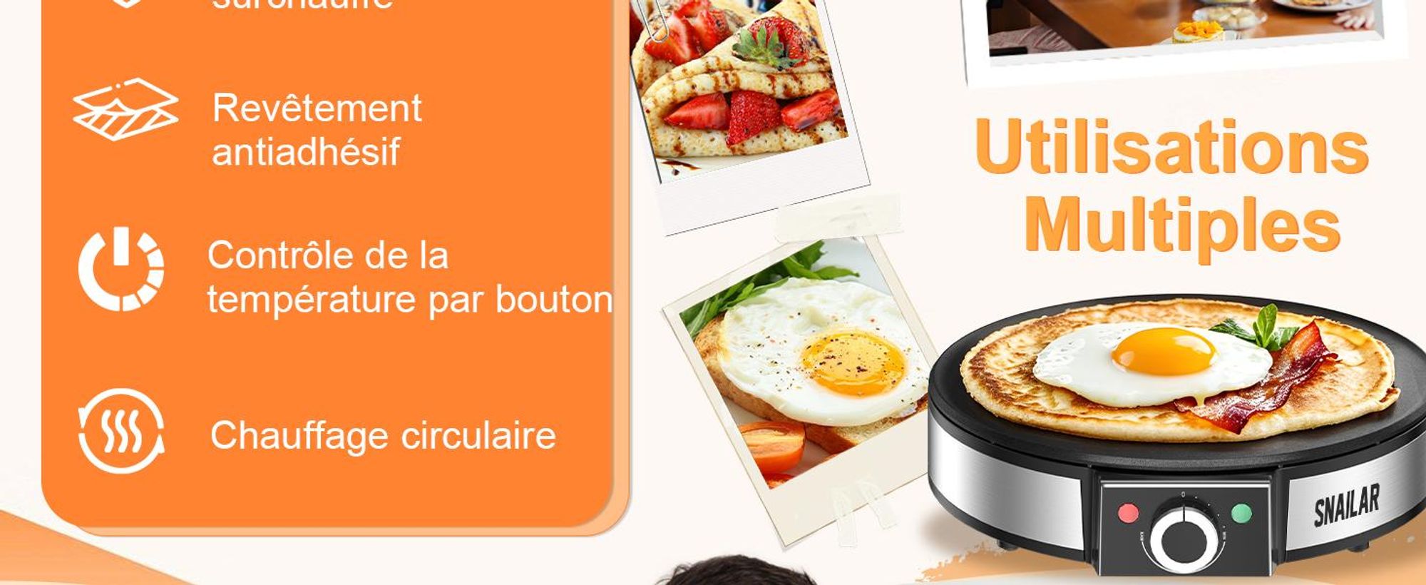 SNAILAR Crêpière AN-110, 1200 W, plaque 30 cm, noire