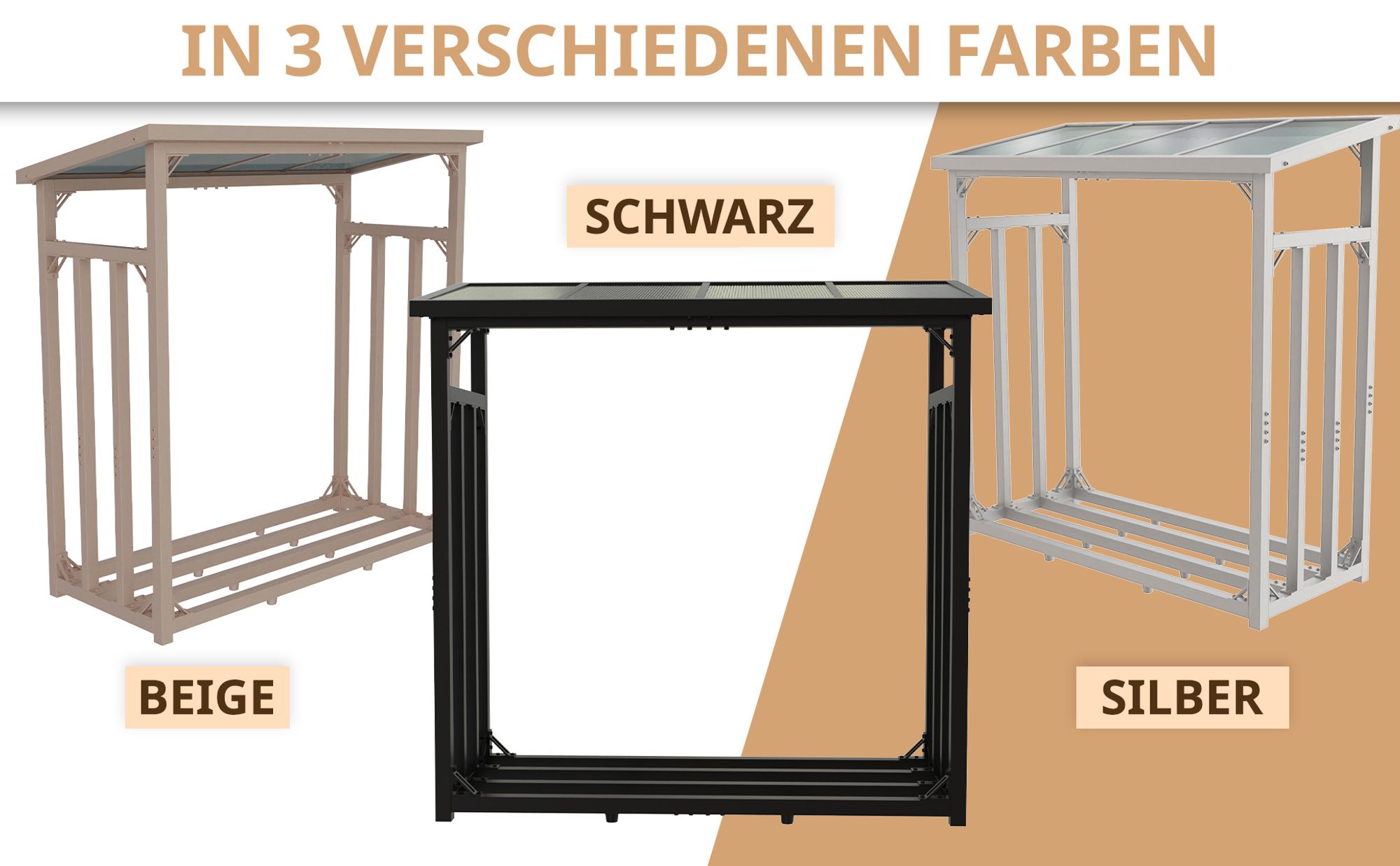 3 Feuerholzregale mit Dach von LAWA Living and Lifestyle in unterschiedlichen Farben.
