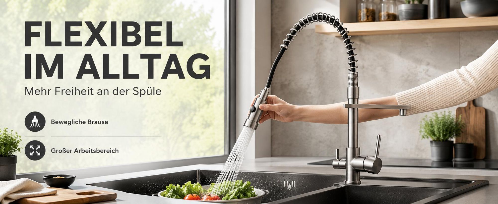 3-Wege Küchenarmatur Solid Spring mit Wasserfilter-Anschluss, herausziehbare Brause, 360° schwenkbar, getrennte Wasserwege, Keramikkartusche Schwarz-matt