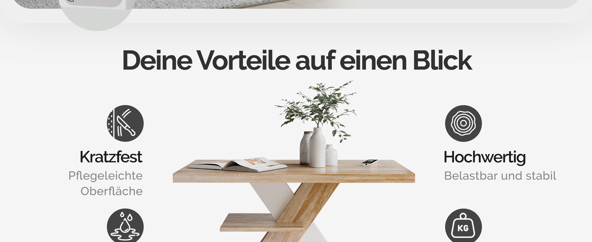 CASARIA® Couchtisch Weiß Eiche Holz Stauraum Ablage Kratzfest Modern Rechteckig 50kg Belastbar Beistelltisch Wohnzimmer Couch Tisch Detroit 90x60cm