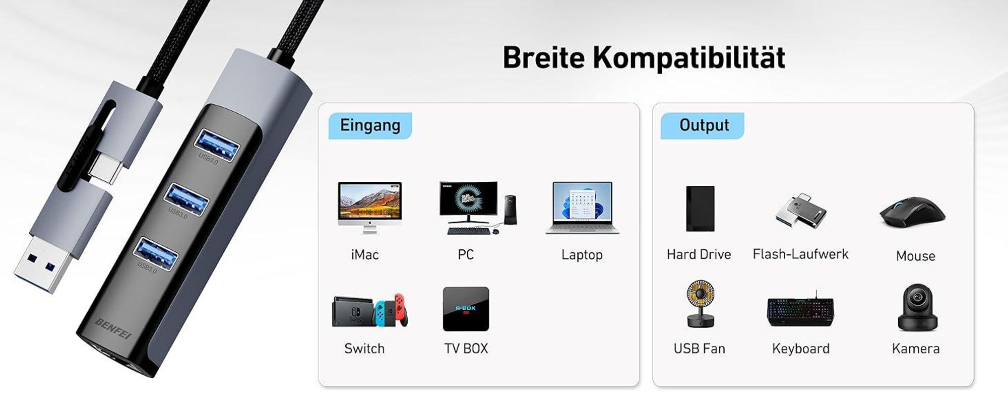 BENFEI Hubs 2in1 USB C USB 3.0 auf Ethernet Adapter mit 3 Port Hub