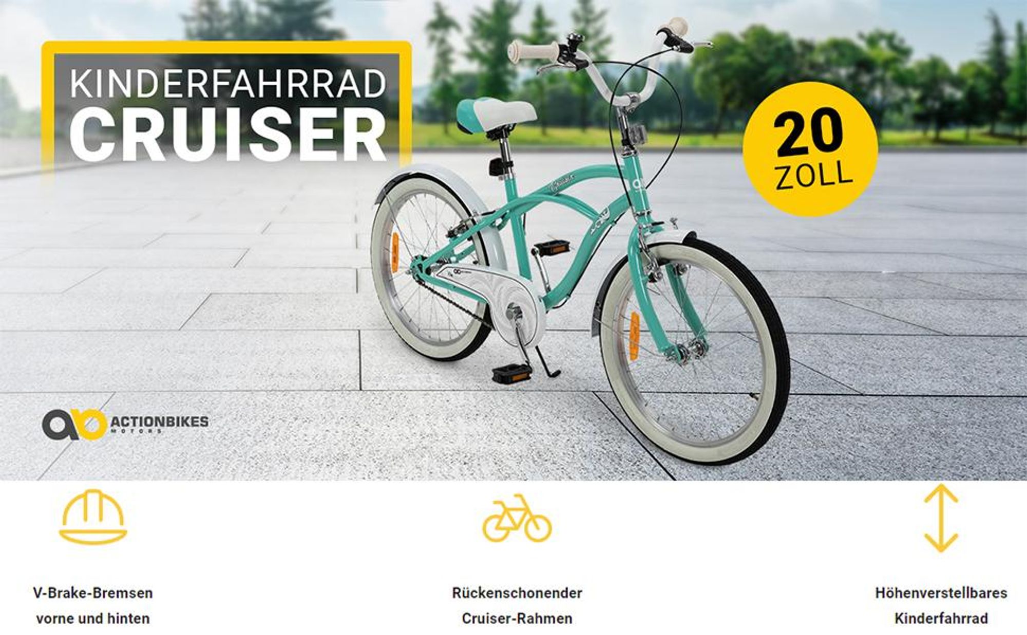 Actionbikes Kinderfahrrad Cruiser 20 Zoll | Kinder Mädchen Jungen Jugend Fahrrad - V-Brake Bremsen - Kettenschutz - Seitenständer - 6-9 Jahre (Rosa)