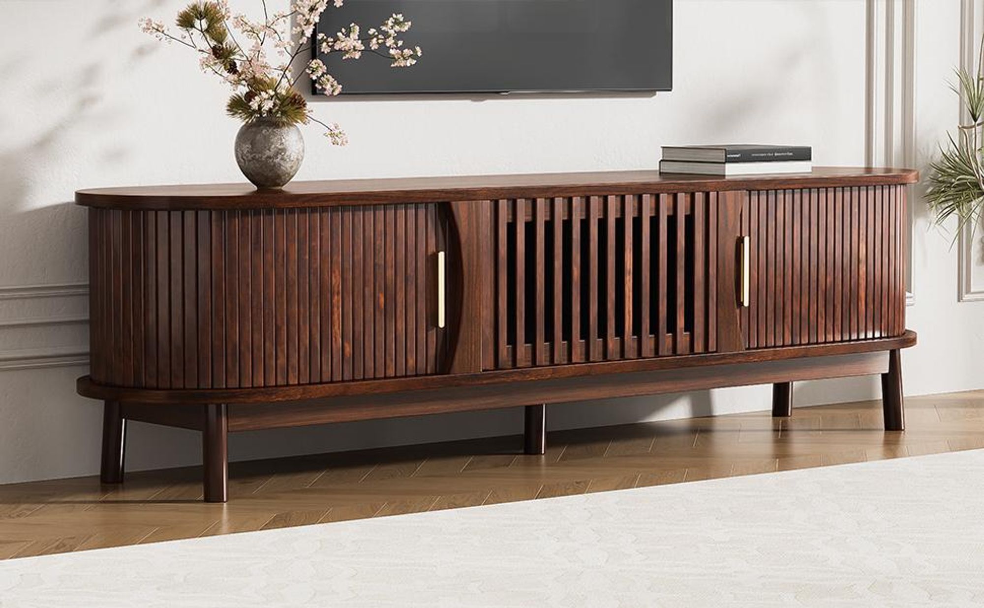 Merax TV-Schrank 165 cm mit Schiebetür und Klapptür, Retro Lowboard mit 3 Fächer aus MDF, Stauraum für 65 Zoll Fernseher, Braun