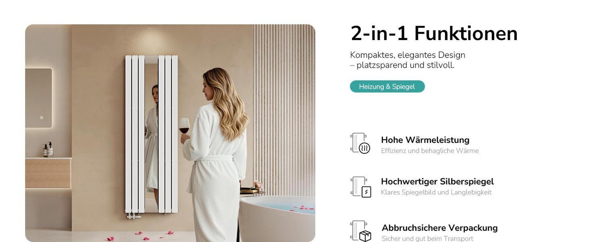 EMKE Designheizkörper mit Spiegel Vertikal 1800x608 mm, Badheizkörper Warmwasser 1788W, Paneelheizkörper Doppellagig, Wandheizkörper für Wohnraum Weiß