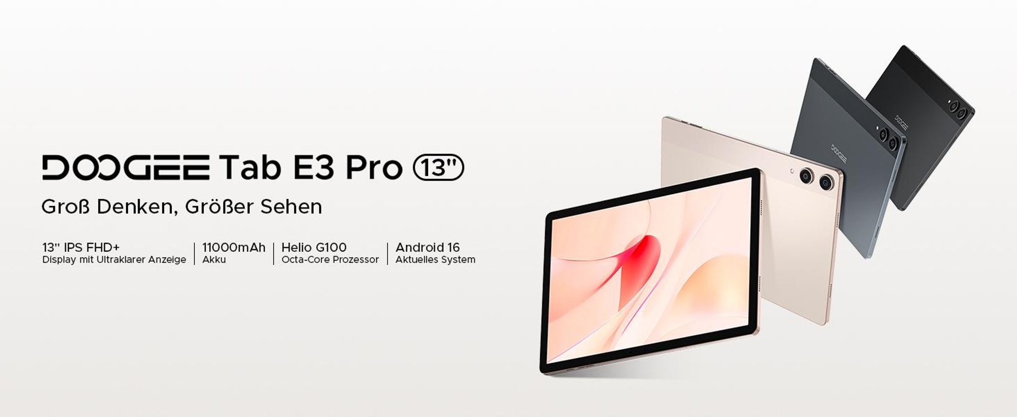 DOOGEE Tab E3 Pro - Tablet, Android 16, 13 Zoll, 32GB+256GB, 4G LTE, 90Hz,11000mAh/18W, Vier Trompeten