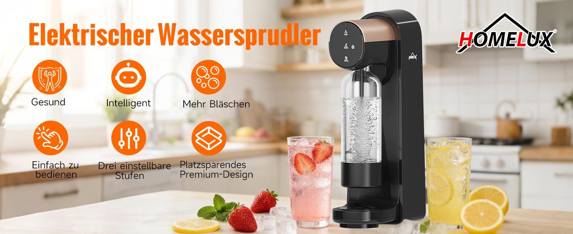 Wassersprudler, Elektrischer Sprudelwasser Maschine mit 1 PET-Flasche, Soda Maker, Wasser Sprudel GeräT, Water Carbonator, Touchscreen,3-stufig