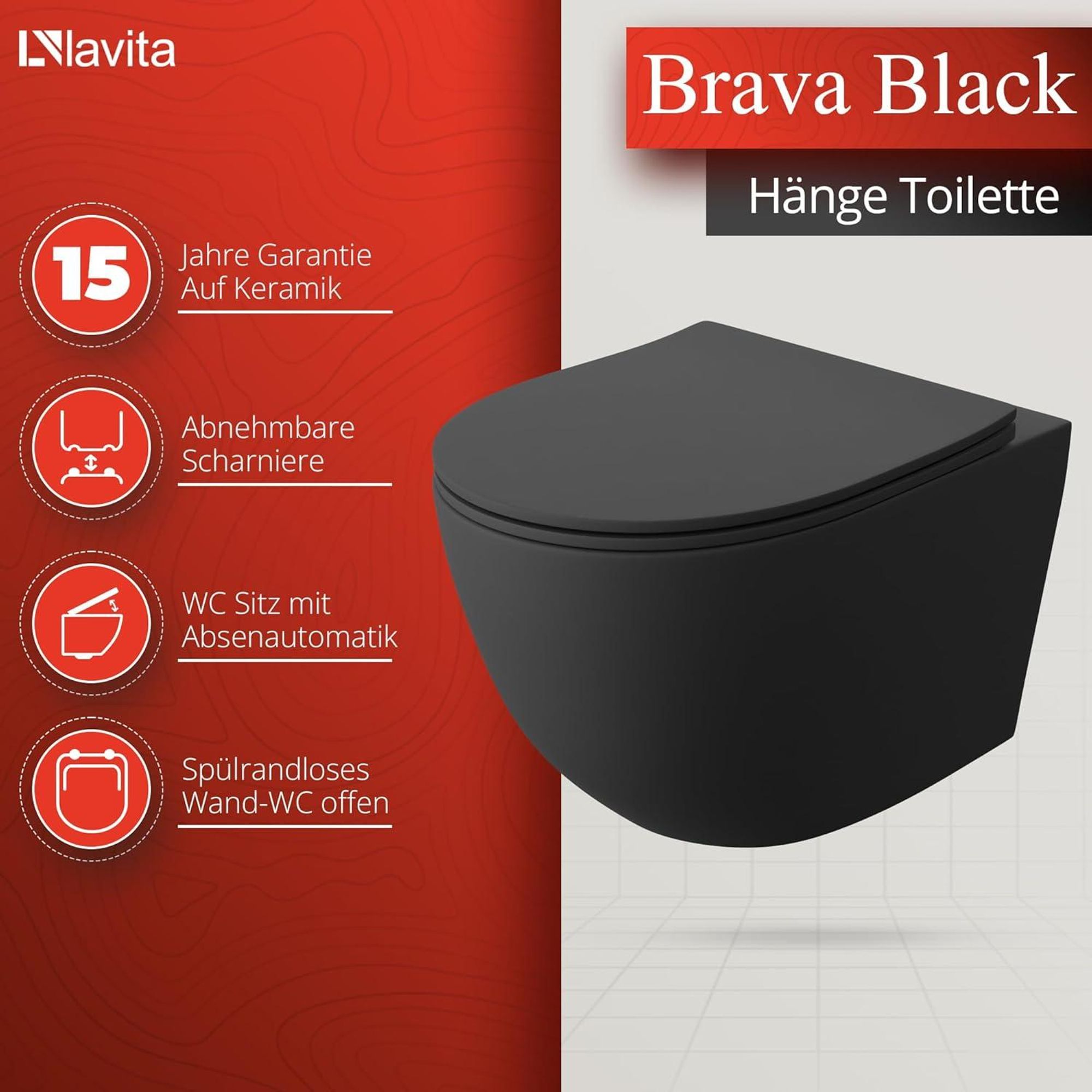Lavita LAV 101 Vorwandelement für WC 40cm + Wand Hänge Tiefspül WC BRAVA Schwarz Spülrandlos + Bedienplatte LAV 200.3.4 Schwarz | Komplettset | Unterputz Spülkasten | Toilette Komplett Sett