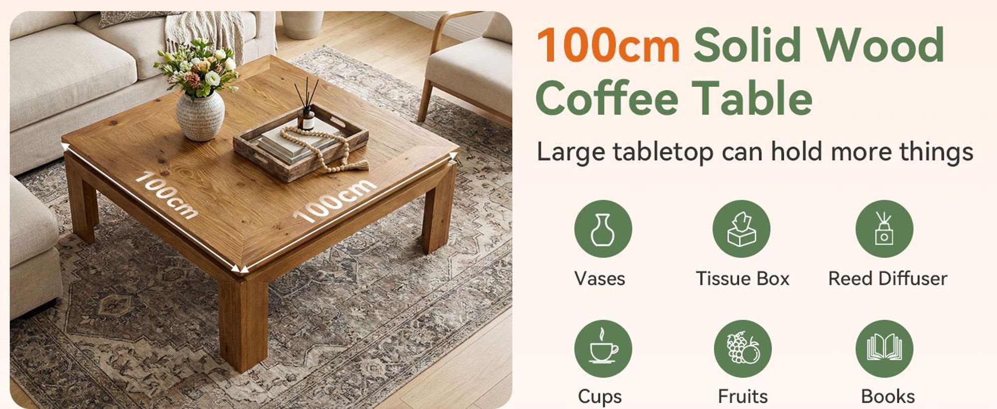 Tribesigns Massivholz Couchtisch 100x100 cm, Quadratischer wohnzimmertisch Holz mit vertieftem Kantendesign, einfache Montage, Wohnzimmer, Naturbraun