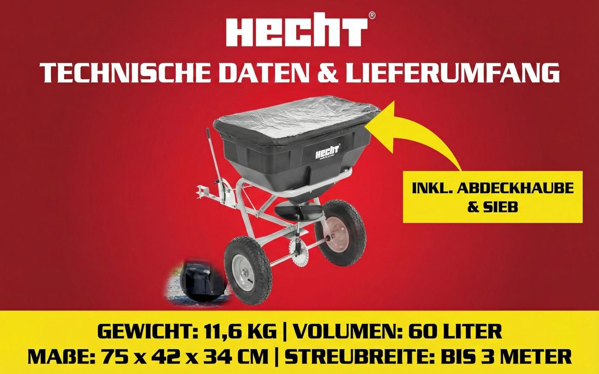 HECHT 260 Streuwagen Anhänger | 60 Liter | Für ATV / Quads / Rasentraktoren | Streumengenregulierung
