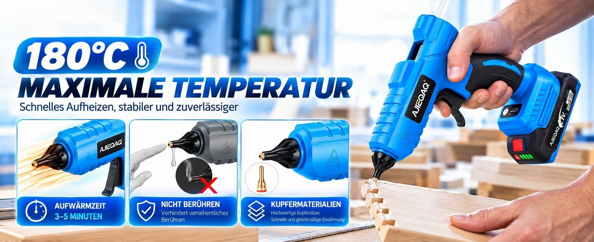 Akku-Heißklebepistole 21V, Kabellose Heißklebepistole mit 2×2,0Ah Akkus, 180°C Max., 10×11mm Klebesticks, Schnellaufheizung, für Basteln, DIY, Holz &