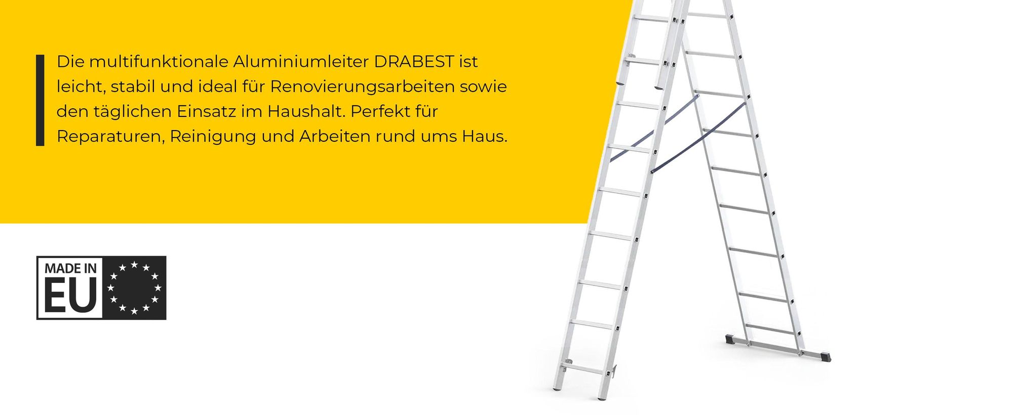 Drabest | Aluminium-Leiter - 3x11 Sprossen, Multifunktional, Steh- & Anlegeleiter, Arbeitshöhe 6,55 m, Stabiler Stabilisator, bis zu 150 kg