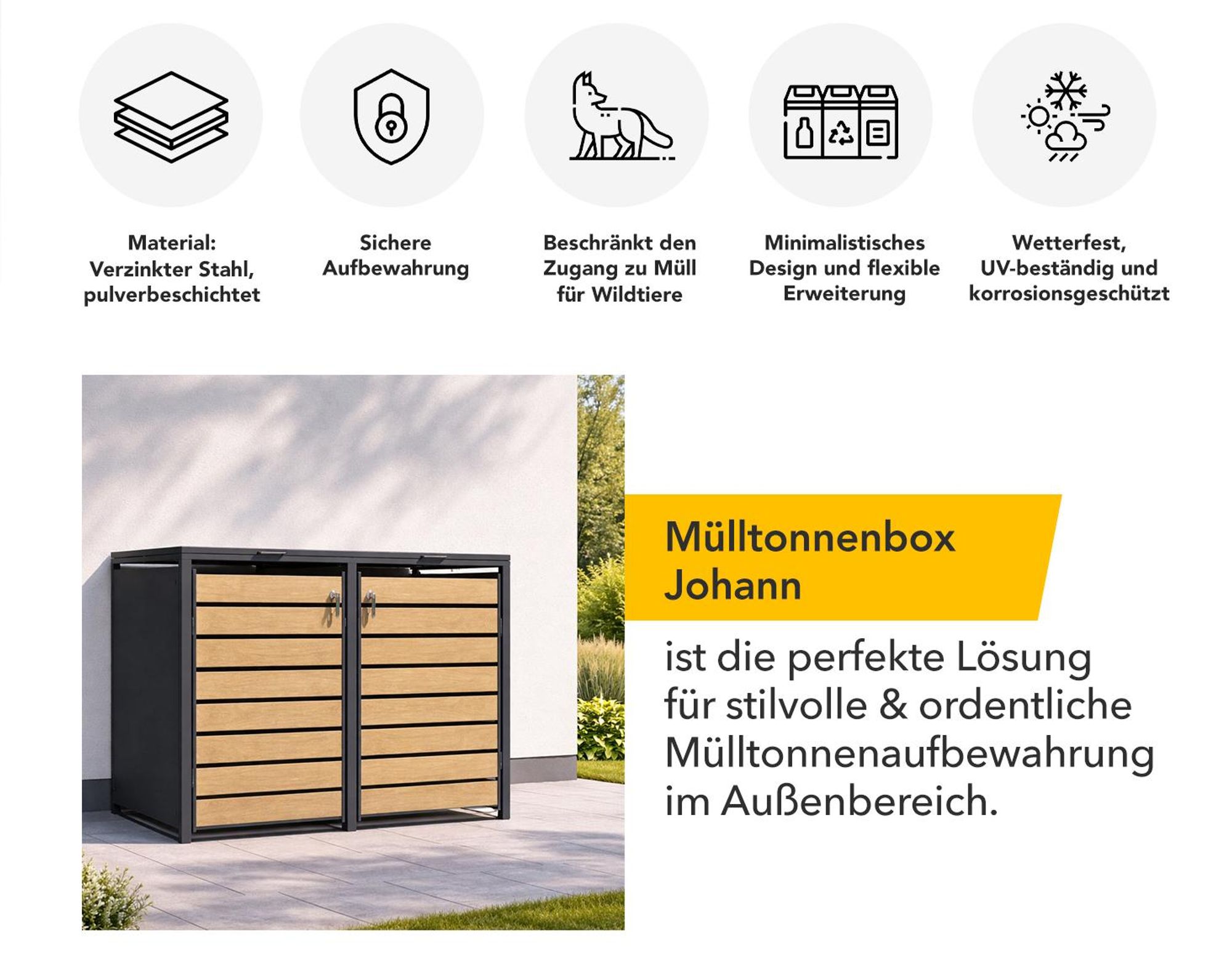 Mülltonnenbox Johan Anthrazitfarbene Mülltonnenverkleidung mit Holzdekor für 3 Tonnen