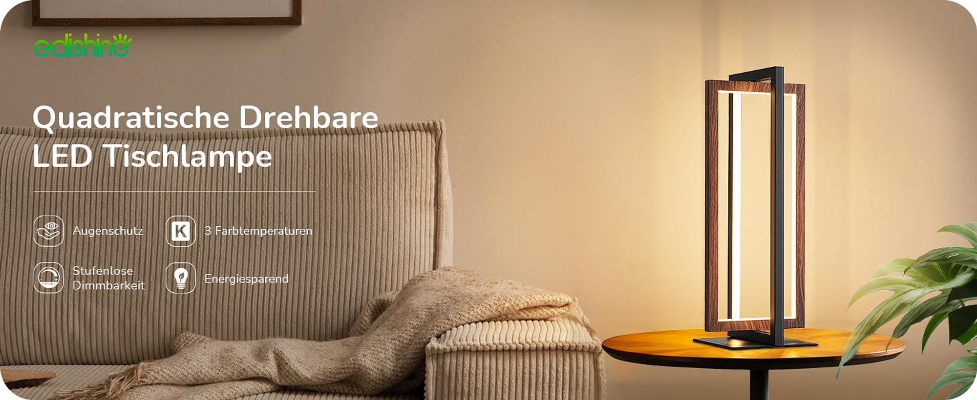 EDISHINE LED Tischlampe, Touch Dimmbare Nachttischlampe, 3 Farbtemperaturen Moderne Schreibtischlampe, Schwarz Walnuss-dunkel