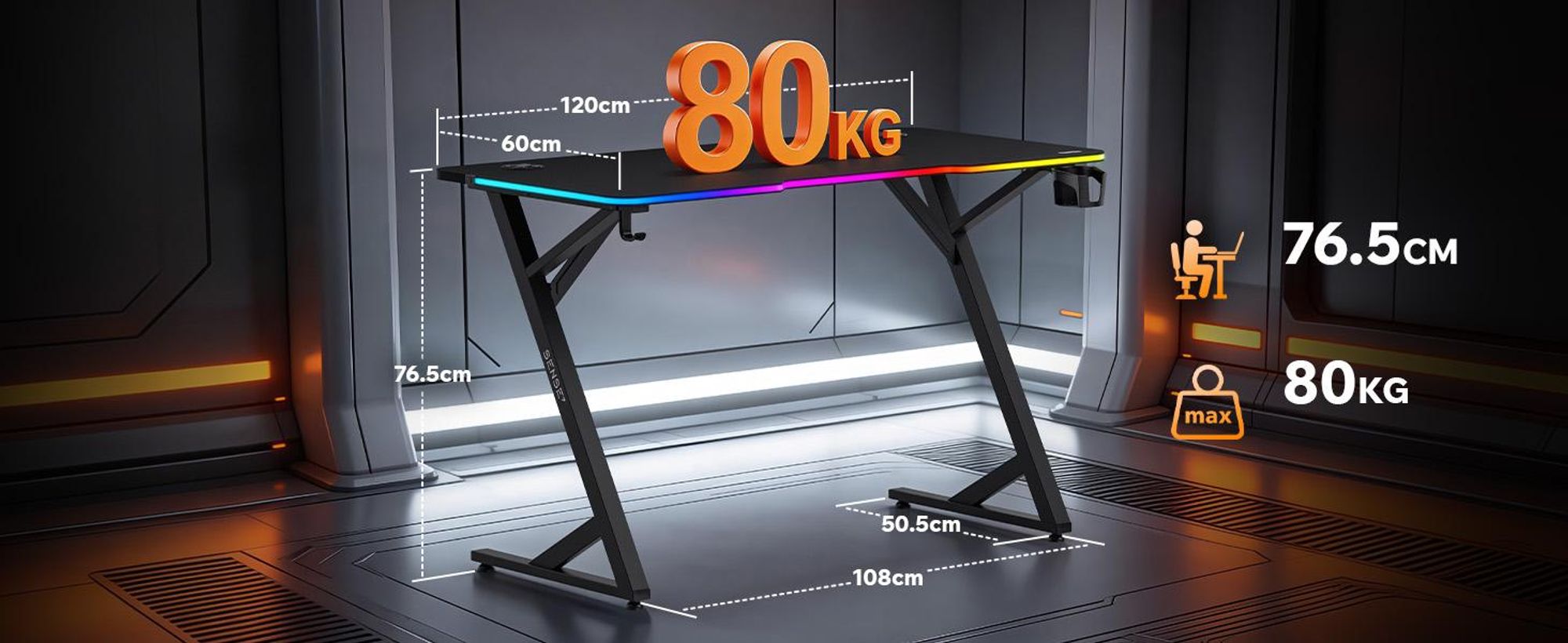 Sense7 VOLT RGB Gaming Schreibtisch 120x60 cm Schwarz Computertisch mit LED Beleuchtung PC Tisch Carbon Optik Gamer Tisch Getränkehalter