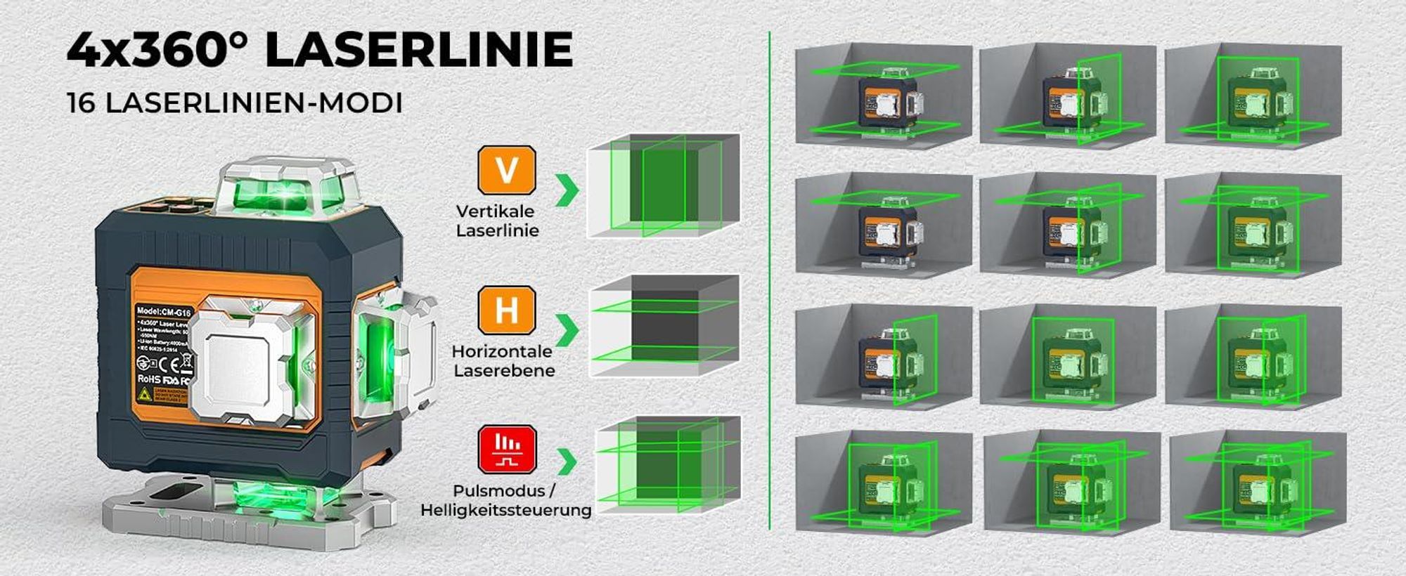 CIGMAN CMG16T Kreuzlinienlaser 4 x 360 Grad mit Stativ – App, Grün, IP54