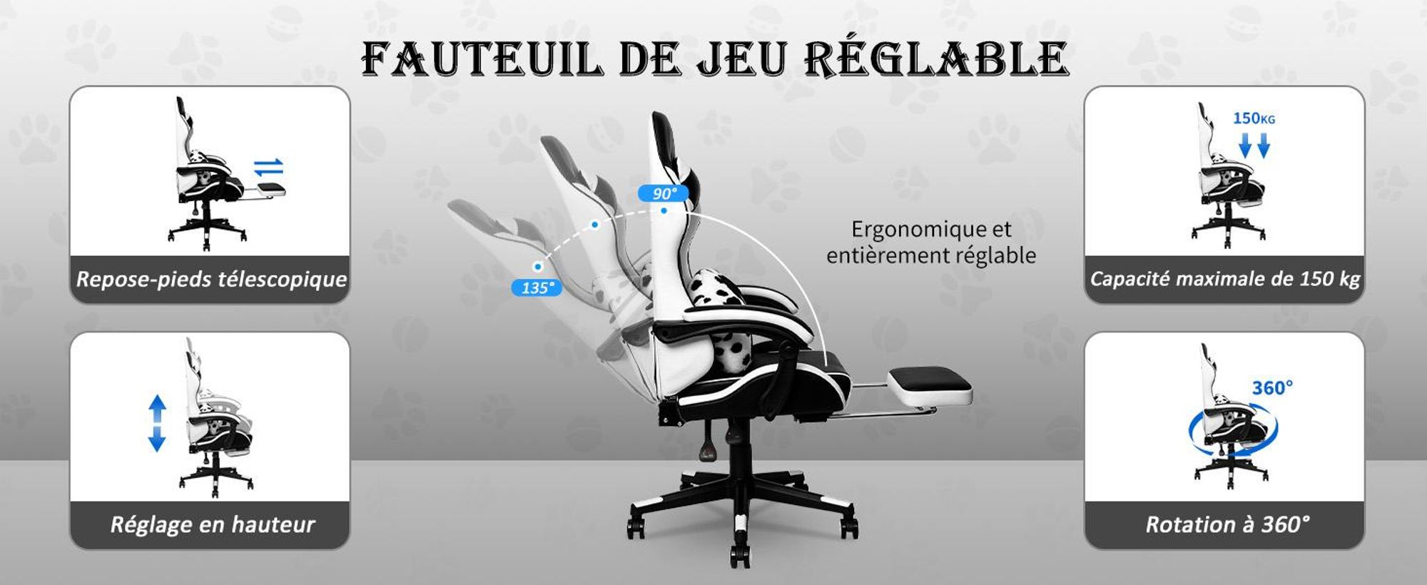 Chaise de gaming Puluomis avec repose-pieds, fauteuil de bureau, siège de chef, chaise de bureau, siège de course, ergonomique, pivotante, réglable en hauteur, design noir et blanc