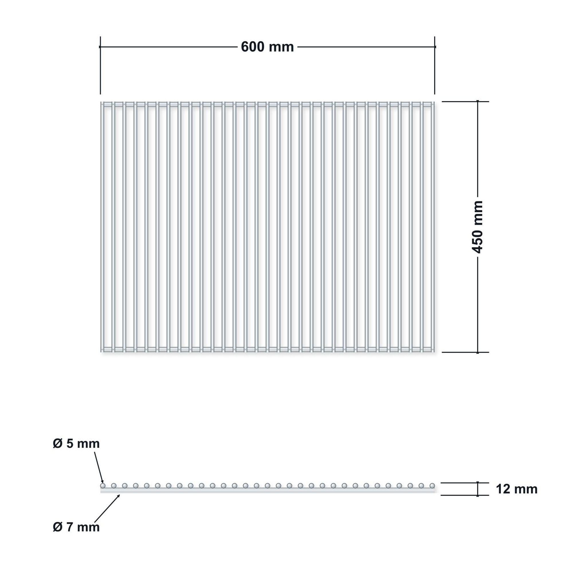 Technický výkres produktu Nerezový grilovací rošt 60 × 45 cm s rozměry