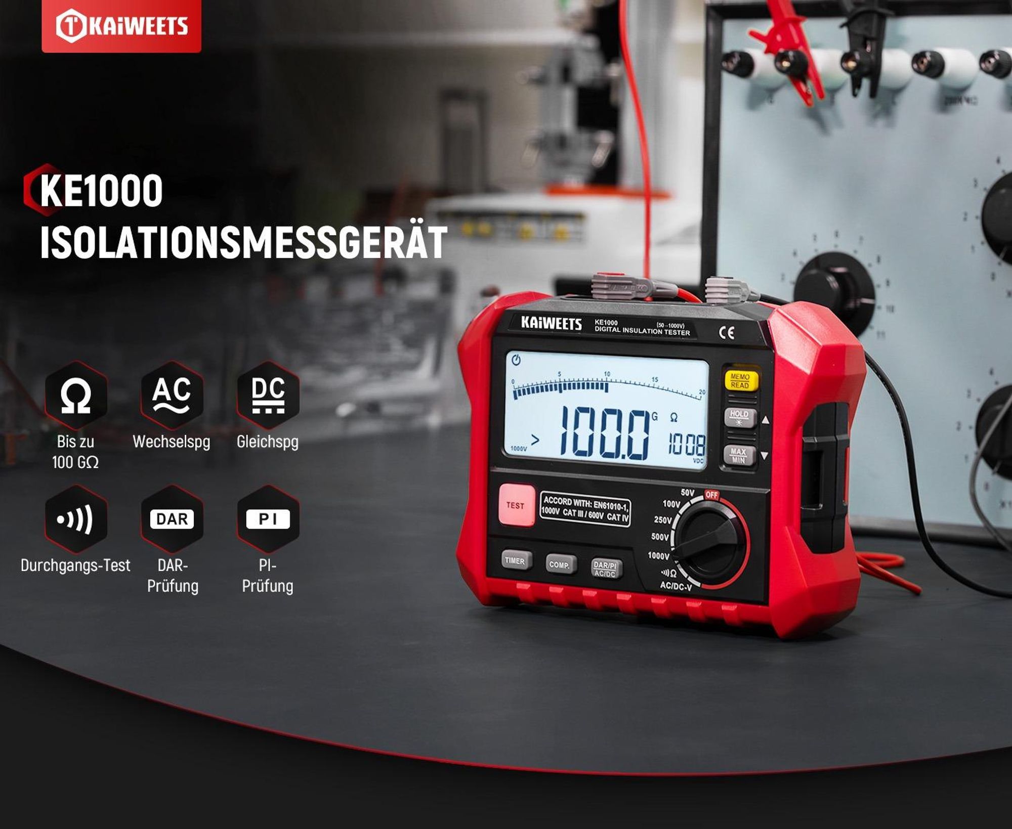KAIWEETS KE1000 Megohmetro Tester Resistenza Isolamento 100GΩ 1000V