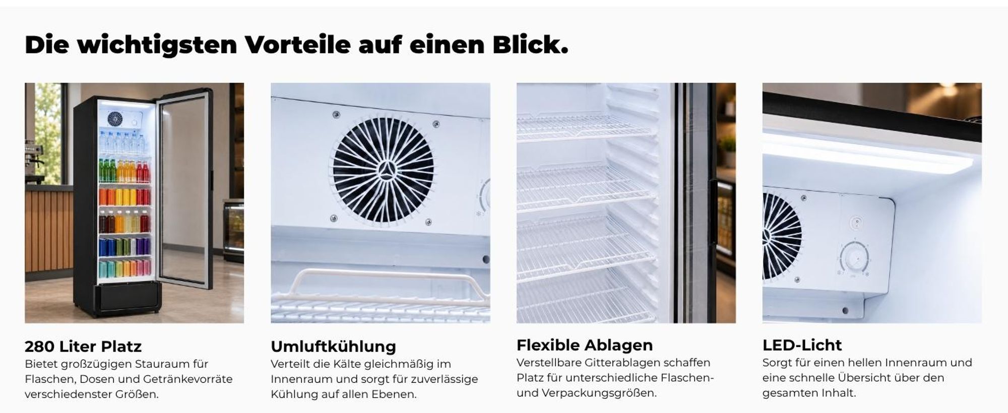 Exquisit Glastürkühlschrank, 280l Getränkekühlschrank mit LED, Umluft, 5 verstellbare Ablagen, CoolPro, GKS5260-GT-431D schwarz