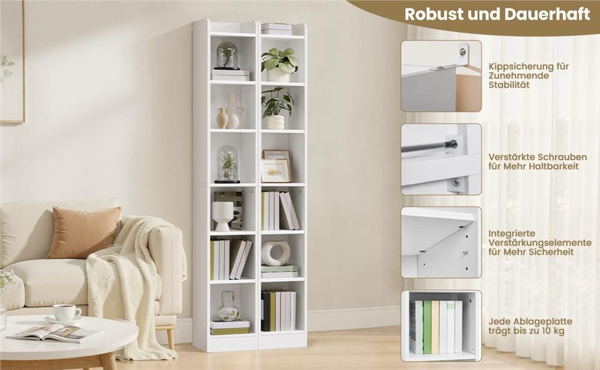 Yaheetech Bücherregal 7 Fächer, schmaler Bücherschrank 183 cm H, Standregal mit verstellbarer Regalboden, Weiß