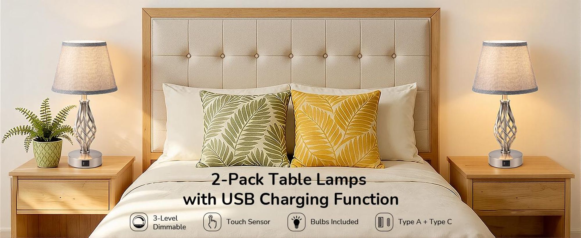 EDISHINE LED Tafellamp Touch Dimmer 2 Stuks, Moderne Tafellamp met Oplaadfunctie, 2 USB Aansluitingen