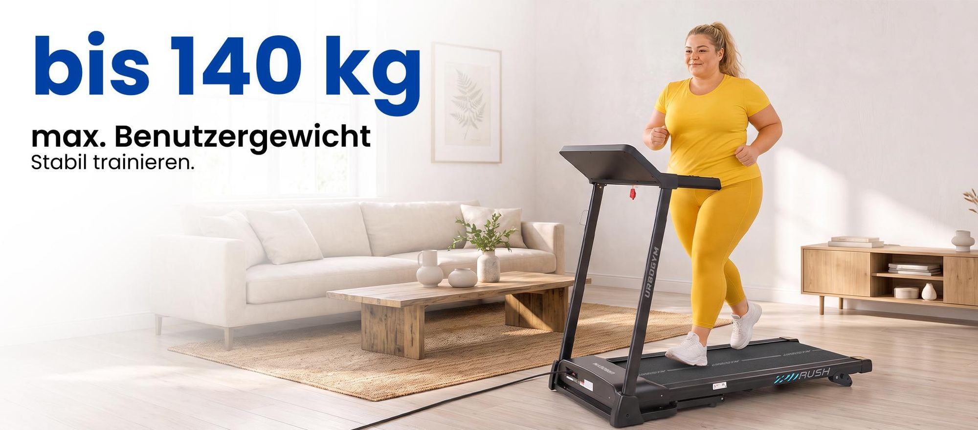 URBOGYM RUSH Laufband klappbar bis 16 km/h, 140 kg, 45 x 130 cm Lauffläche, 3 Steigungsstufen, 15 Programme, Bluetooth, Kinomap & Zwift, LED Display