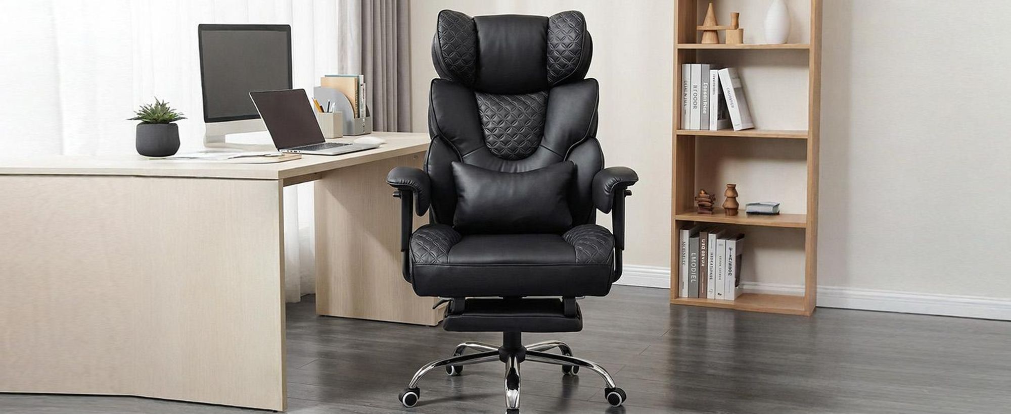 COMHOMA Ergonomischer Gaming Stuhl, Bürostuhl 180 kg, mit Verstellbarer Lendenstütze & Fußstütze, Hybrid-Design aus Kunstleder & Mesh, Chefsessel