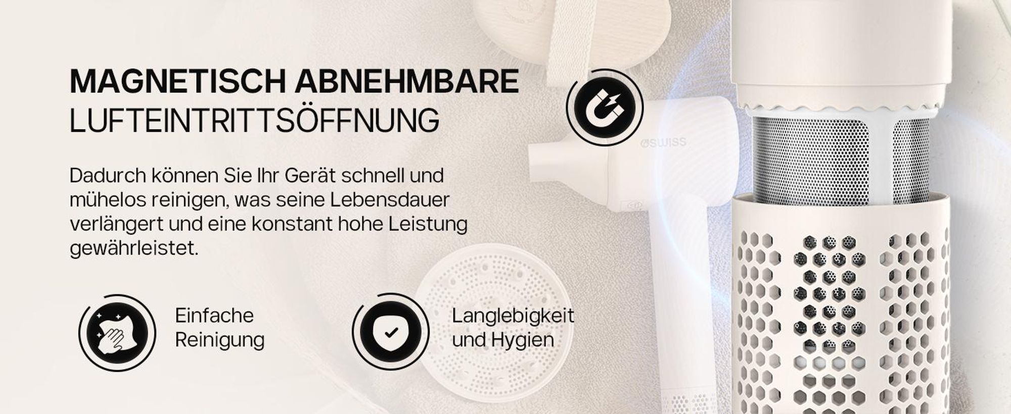 4Swiss F424 AirPower+ Haartrockner, 8 Trocknungsmodi, 110 000 U/min, Ionen >500 Millionen, magnetische Stylingspitze, leise und leicht.
